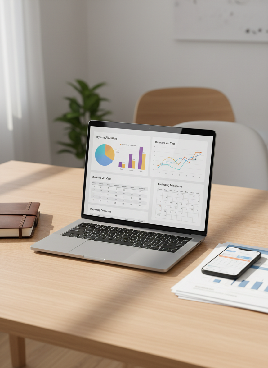 A sleek, modern laptop displaying a detailed financial dashboard with colorful charts, clean tables, and cash flow graphs, placed on a light oak desk in a minimalist home office. Around it lie a closed leather-bound notebook, a neatly stacked pile of printed reports, and a smartphone showing a calendar of budgeting milestones. Soft daylight enters from an unseen window, creating gentle reflections on the laptop screen and subtle shadows under the objects. Photographic realism with a calm, professional mood, shot at eye level with slight depth of field so the dashboard is razor sharp while the background fades into a soft blur, suggesting focused, remote financial management for SMEs and associations.